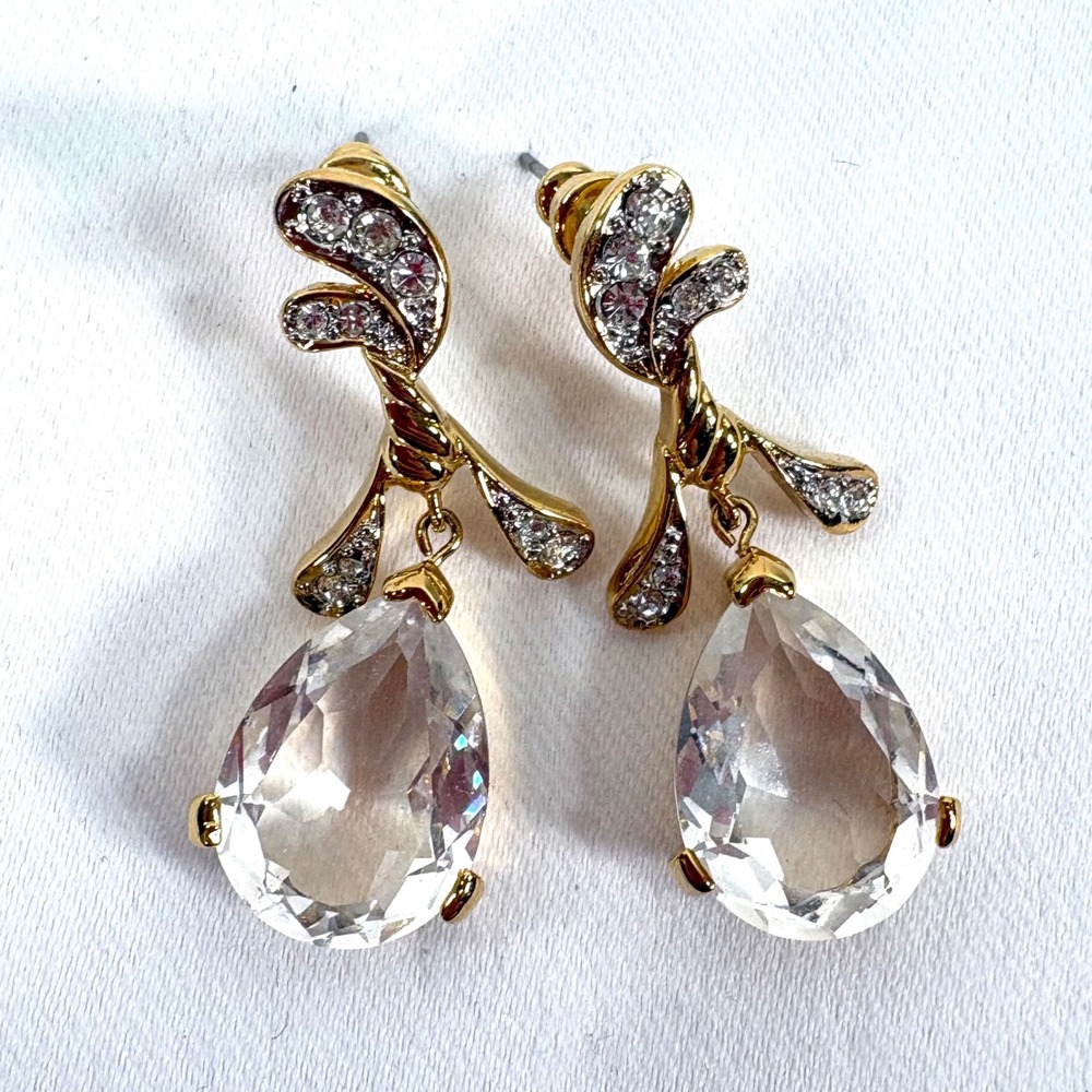 Vintage Drop Earrings Gold Clear Crystal Pear Teardrop Pavé Rhinestone